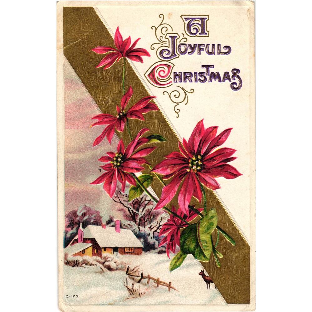 A‎ Joyful Christmas Postcard Antique Embossed Poinsettia Farmhouse Unposted